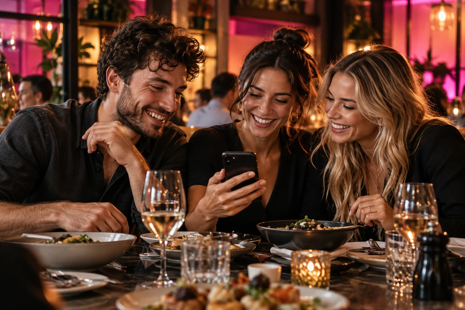 Symbolmotiv: Drei Restaurantgäste schauen gemeinsam auf ein Smartphone.