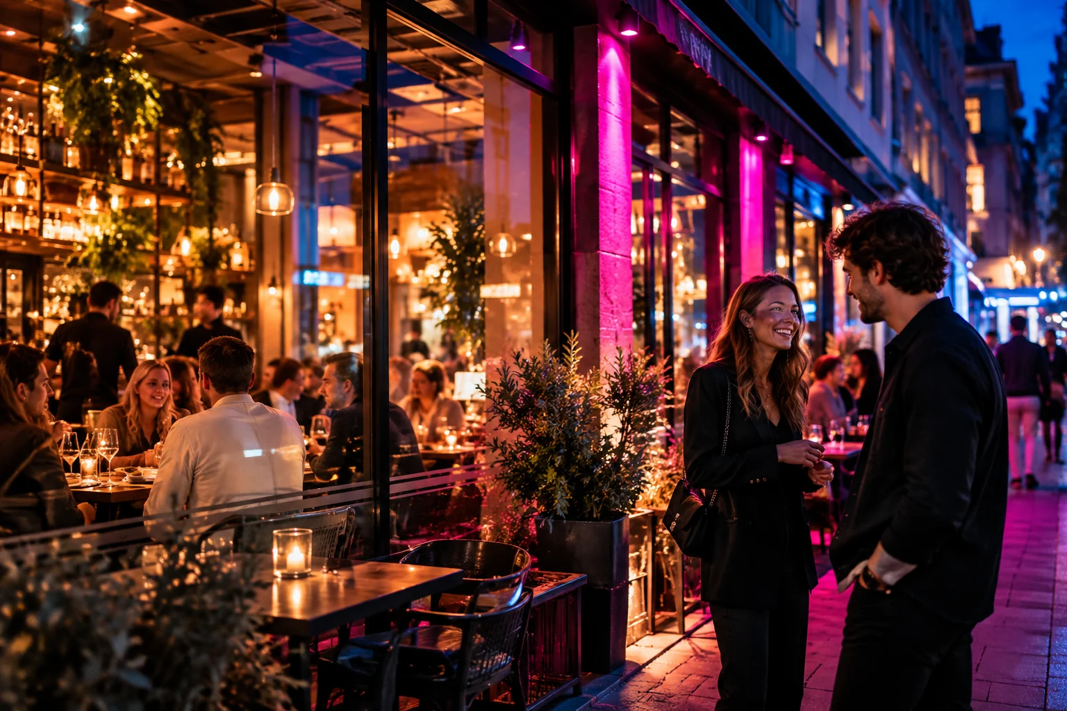 Symbolmotiv: Lebendiges Restaurant mit Gästen und farbiger Abendbeleuchtung.