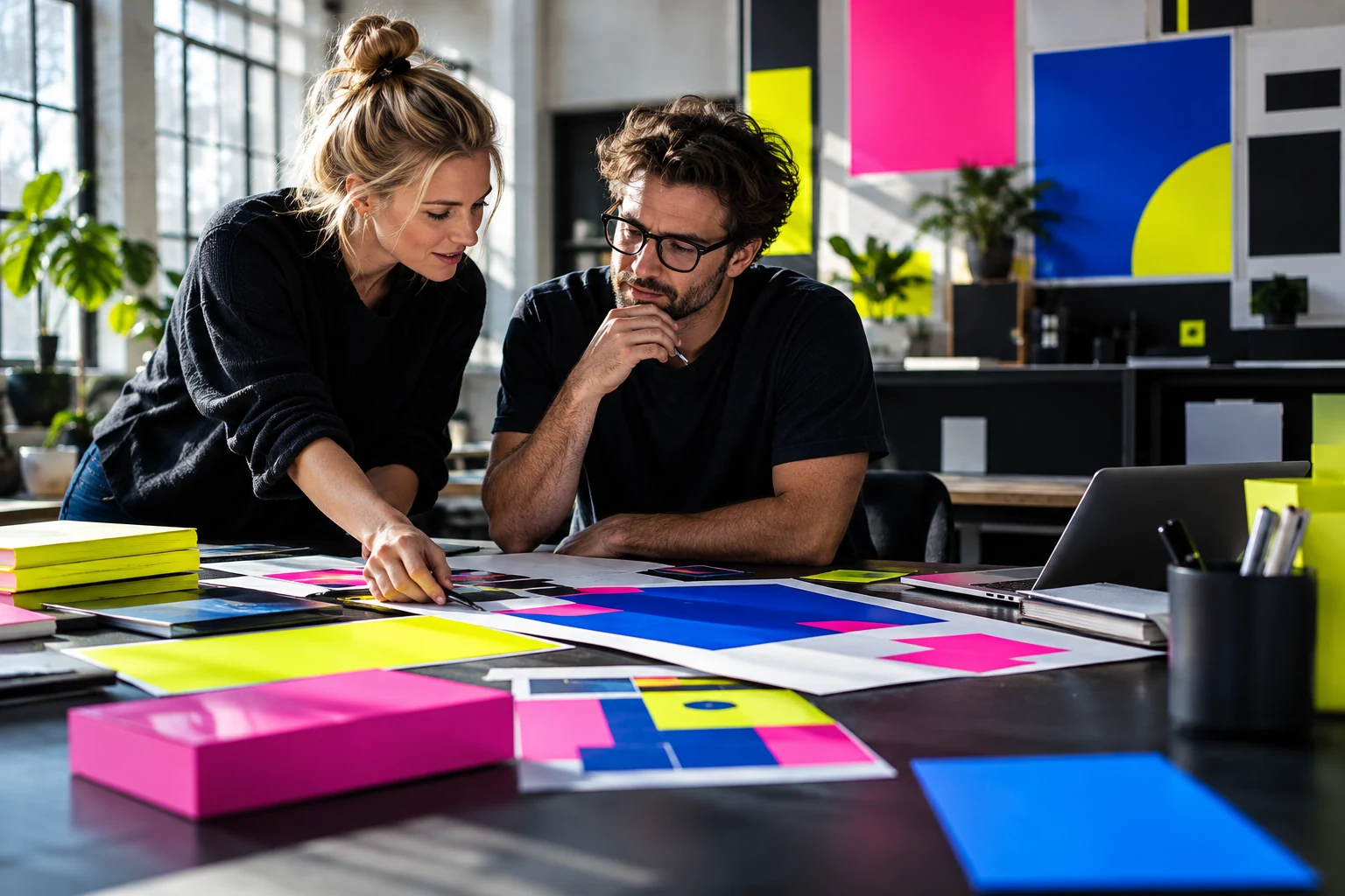 Symbolmotiv: Zwei Kreative arbeiten mit kräftigen Farben an einem Markenauftritt.