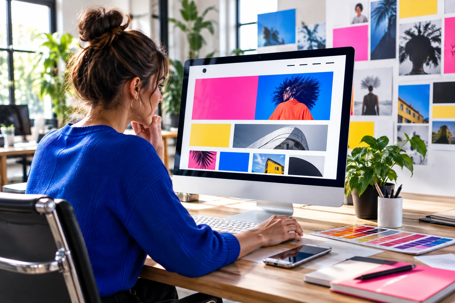 Symbolmotiv: Webdesignerin vor einem Bildschirm mit farbigem Seitenlayout.